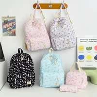 Sweet Lovely Bow Flower Print Three Piece Backpack Set Nylon Lightweight Large Capacity Girls' Backpack Campus Student Backpack 1