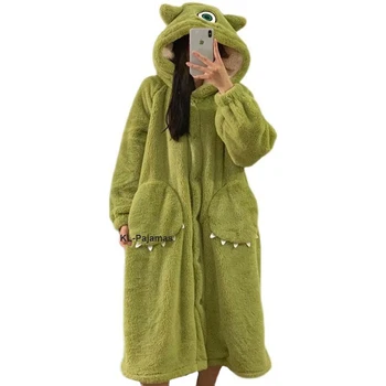 Adult Monster Costume Womens Flannel Robes Cartoon Cosplay Hooded Long Nightgown Soft Warm Sleepwear Plush Fleece Nightdress