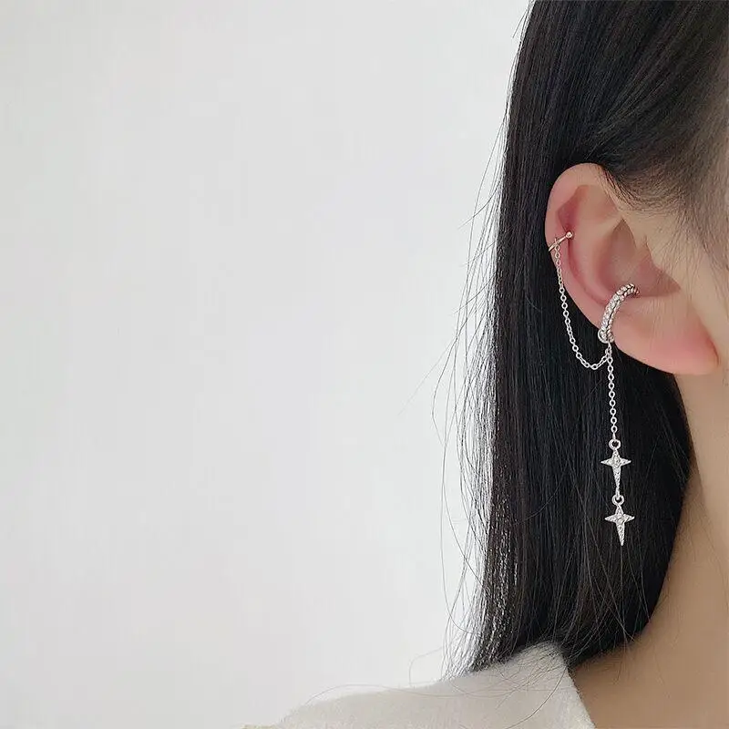 Single Non Pierced Star Tassel Chain Pendant Ear Clip Women Fashion Ear Clip