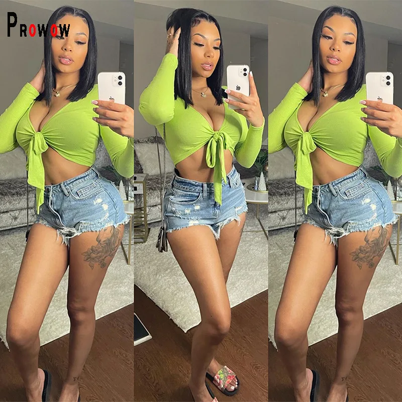 

Prowow Sexy Women Corset Tops Clothes V-neck Long Sleeve Female Shirts Ribbed Bandage Streetwear Spring Summer Female Outfits