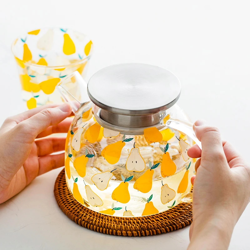 JINYOUJIA-Borosilicate Glass Teapot Set, Fruit Pattern, Heat-Resistant Tea Pot, Water Cups, Office Home Juice Cold Kettle, 1.6L