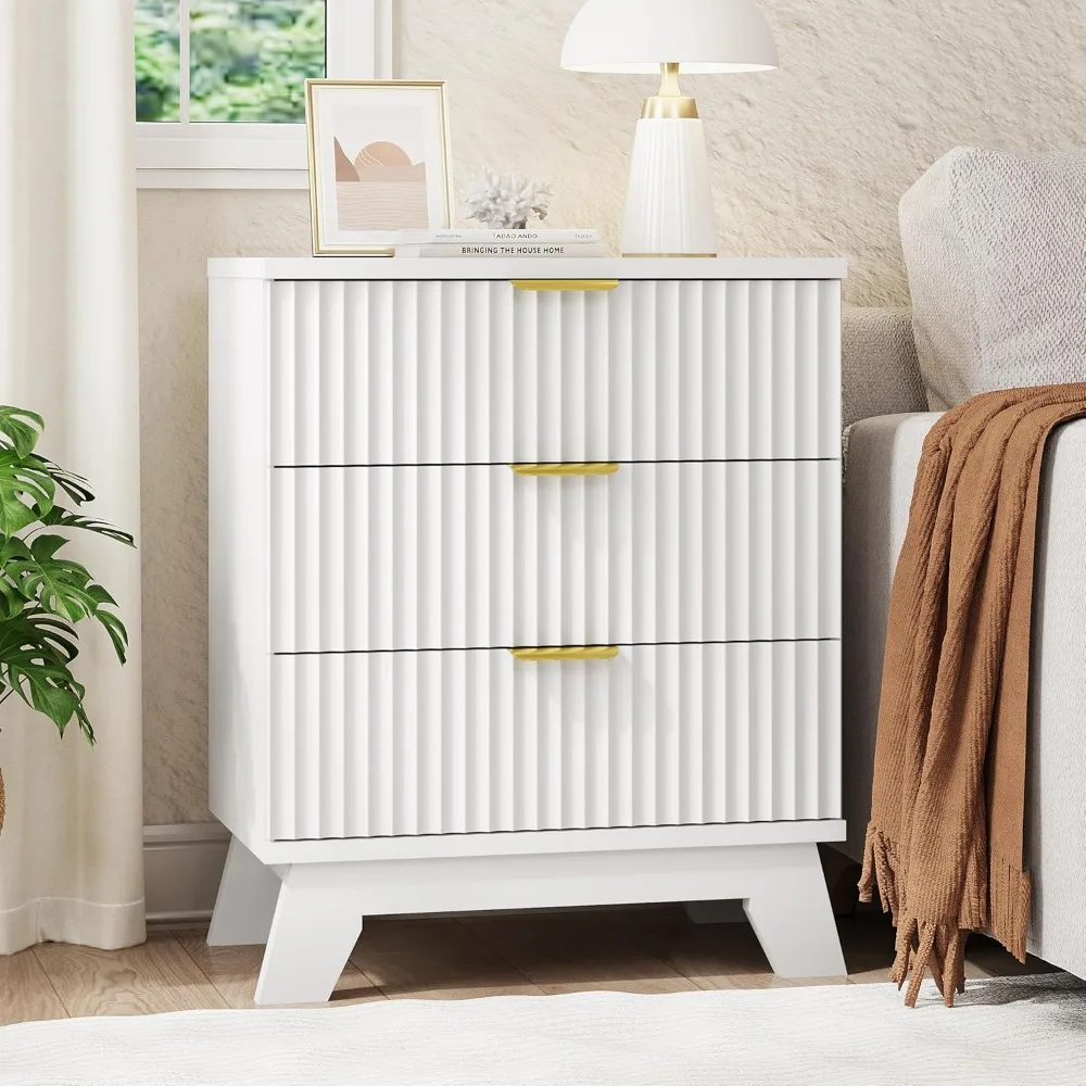 Fluted Nightstand, Wide Side Table with Large Storage Drawers, Mid Century Modern Wood Night Stand with Metal Handle 3