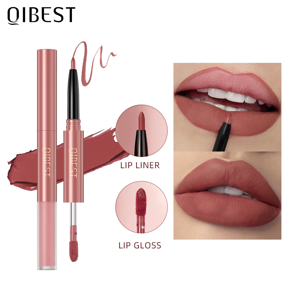 QIBEST Double Ended Nude Lip Gloss Lipliner 2 In 1 Stick Velvet Matte Liquid Lipstick Long Lasting Non-stick Cup Lip Tint Makeup