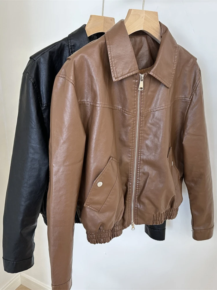 

FTLZZ New Spring Autumn Vintage Fashion Moto Biker Short Pu Coat Women Streetwear Turn-down Collar Zipper Faux Leather Jacket