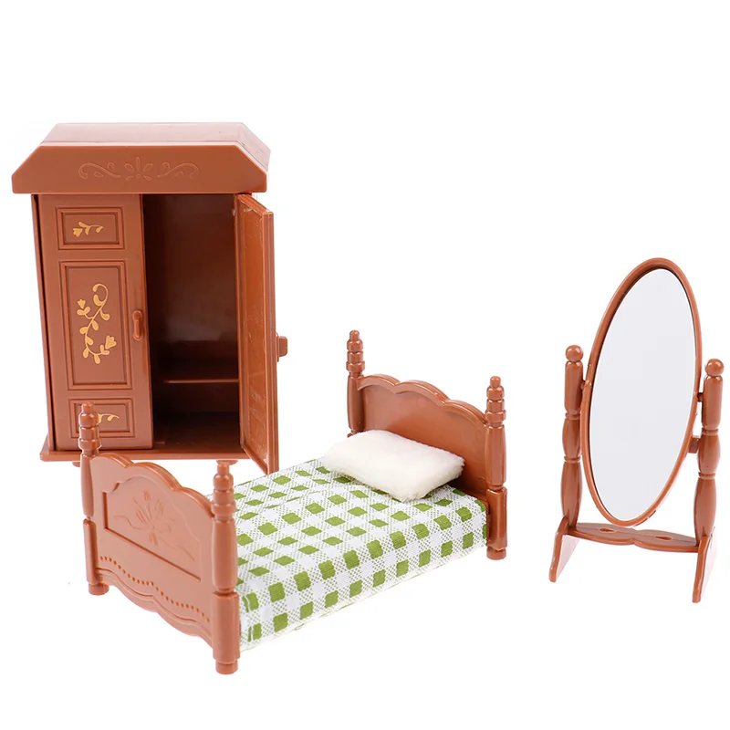 3pcs 1:12 Dollhouse Miniature Bedroom Furniture Floral Bed with Cabinet Set 