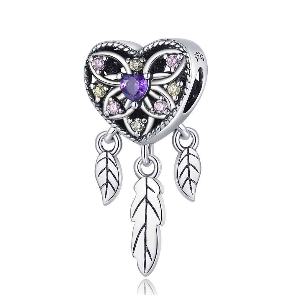 

Elegant 925 Sterling Silver Heart Feather Dream Catcher Charm Fit Pandora Bracelet Women's Proposal Jewelry Accessories