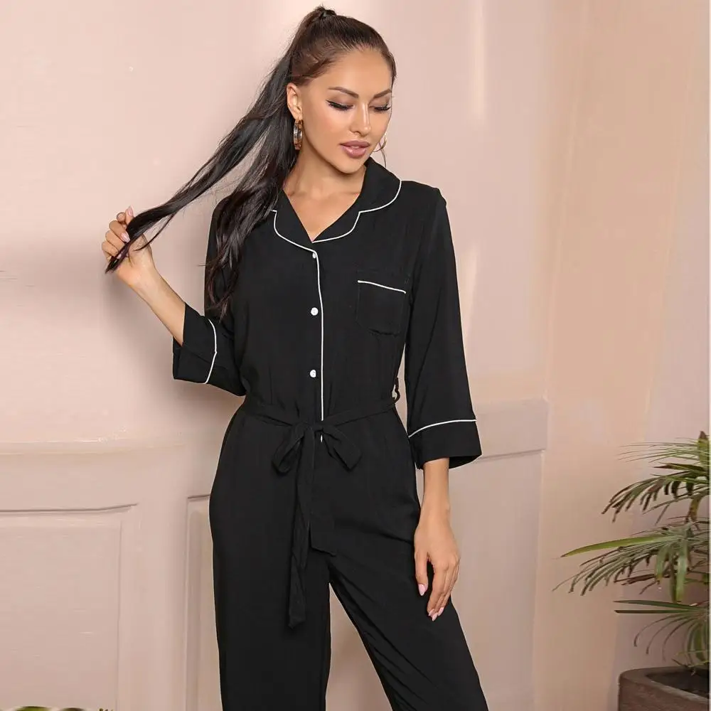 Pipe	Pajama Sets Black Piping Women Mujer Conjuntos Pijamas Conjunto Pyjama Pijama Femme Ensembles Feminino Sleepwear Pyjamas