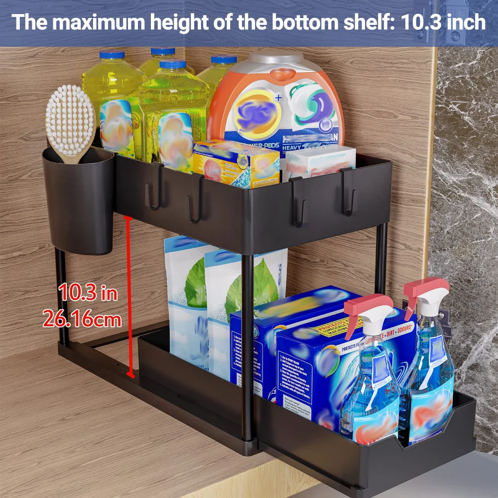 2-Tier Under Sink Organizer Shelf with 4 Hooks and Hanging Cup Space Saving  Multi-Purpose Storage Rack for Kitchen Bathroom - AliExpress