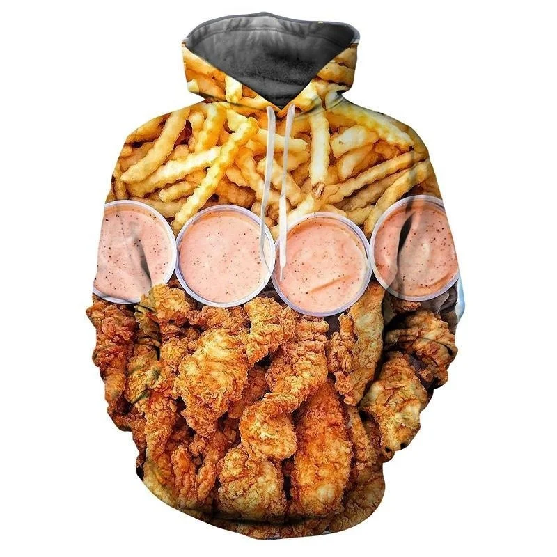 thumbnail image 1 of Sudadera con capucha con estampado 3D de hamburguesas y patatas fritas, moda informal, divertida, con patrón de comida rápida, sudaderas con capucha para hombre, manga larga, abrigo de gran tamaño, 1 of 5