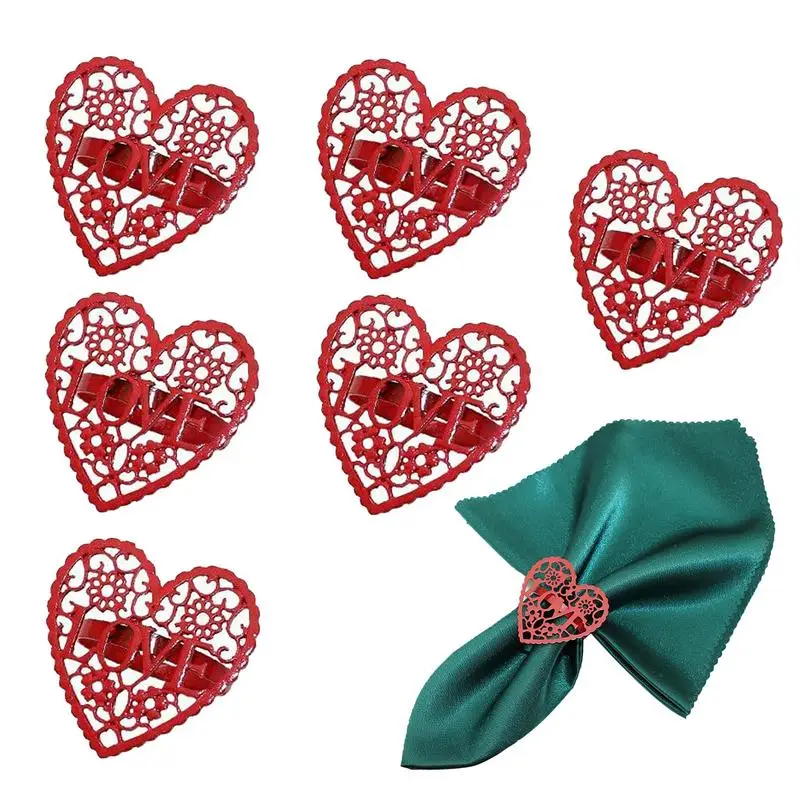 

Heart Shape Napkin Rings 6pcs Romantic Red Hollow Design Napkin Holders For Valentine's Day Wedding Anniversary Decoration