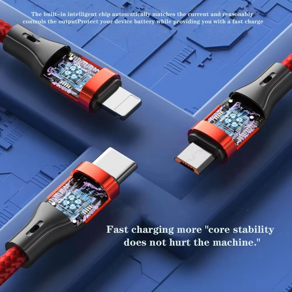 NNBILI 1.2m/2m 3 in 1 USB 고속 충전 케이블 타입 C 마이크로 IOS, 아이폰 화웨이 삼성용 멀티 충전 케이블 나일론 편조 케이블