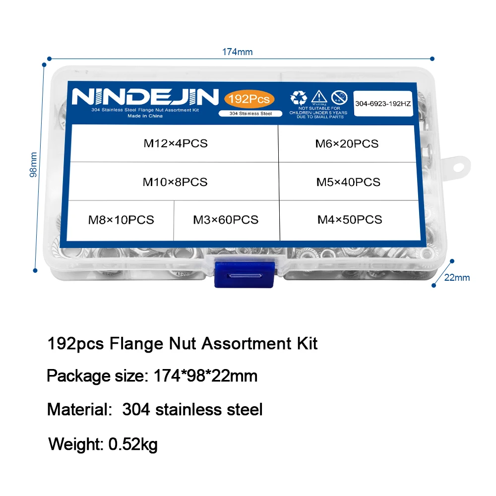 NINDEJIN 육각 플랜지 너트 모음 키트, 스테인리스 스틸 미터법 플랜지 너트 세트, DIN6923, M3, M4, M5, M6, M8, M10, M12, 세트당 192 개