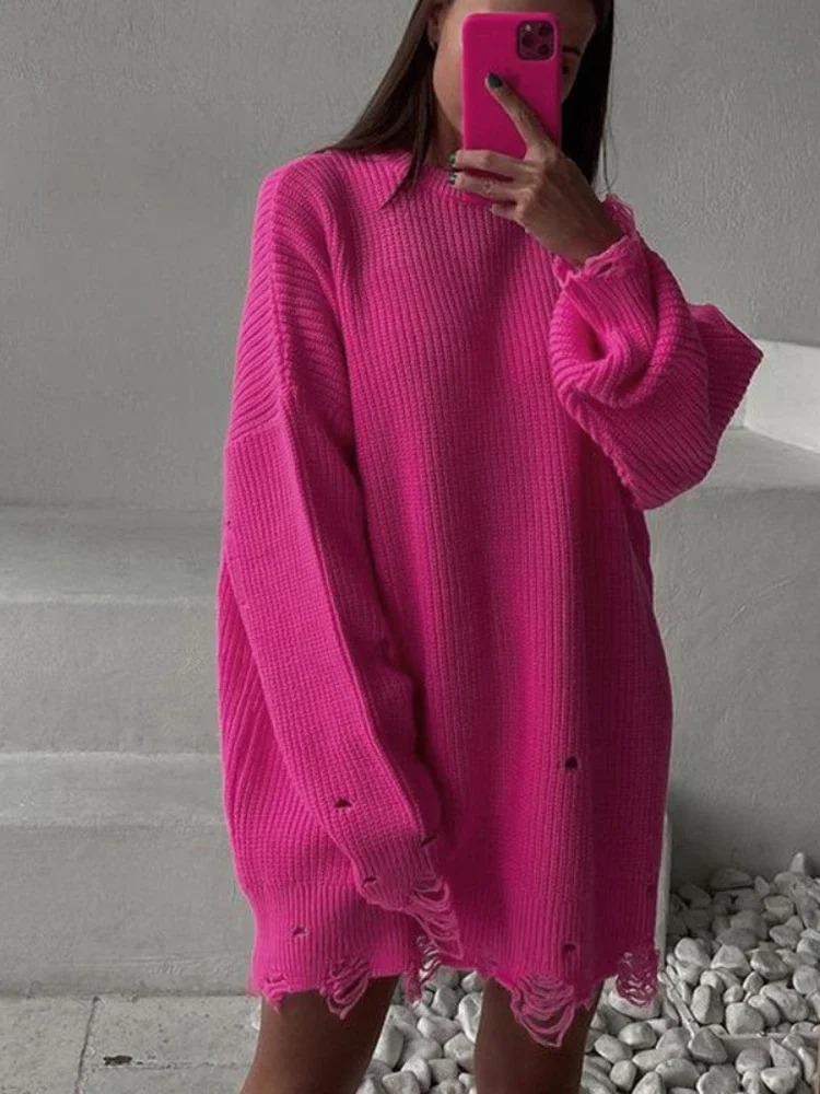 

Fashion Women Sweaters Loose Solid Ripped Sweater Mid-Length Autumn and Winter Crew Neck Pullover Sweater Elegant Woman Clothing