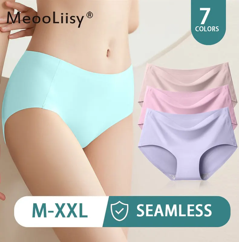 MeooLiisy Ice Silk Seamless Panties for Women Mid -Waist Large Size Briefs  Breathable Comfort Underpants Solid Color
