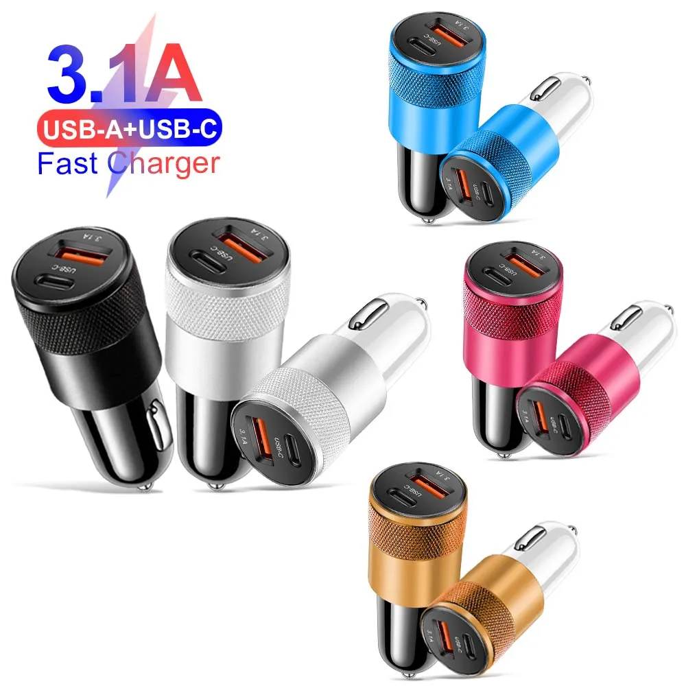 3.1A PD Car Charger USB Type C Fast Charging Car Phone Charger Adapter for iPhone 15 14 iPad Xiaomi Huawei Samsung Quick Charger