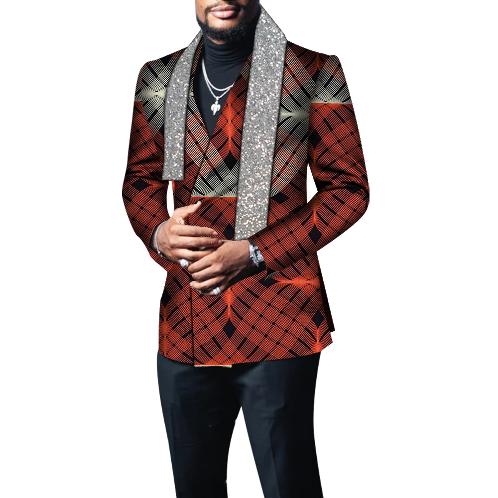 News African Clothes Men Blazer with Scarf Riche Bazin Jacket Coat Outerwear Full Sleeve African Clothing WYN1382