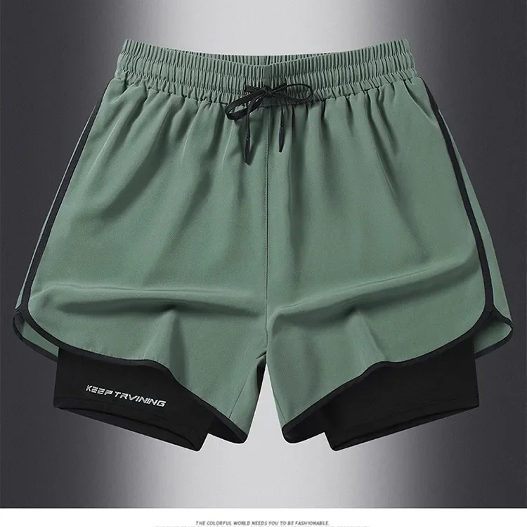 Summer Casual Sports Three-Quarter Anti-Exposure Double-Layer Couple Shorts Quick-Dry Ice Silk Elastic Training Fitness Pants
