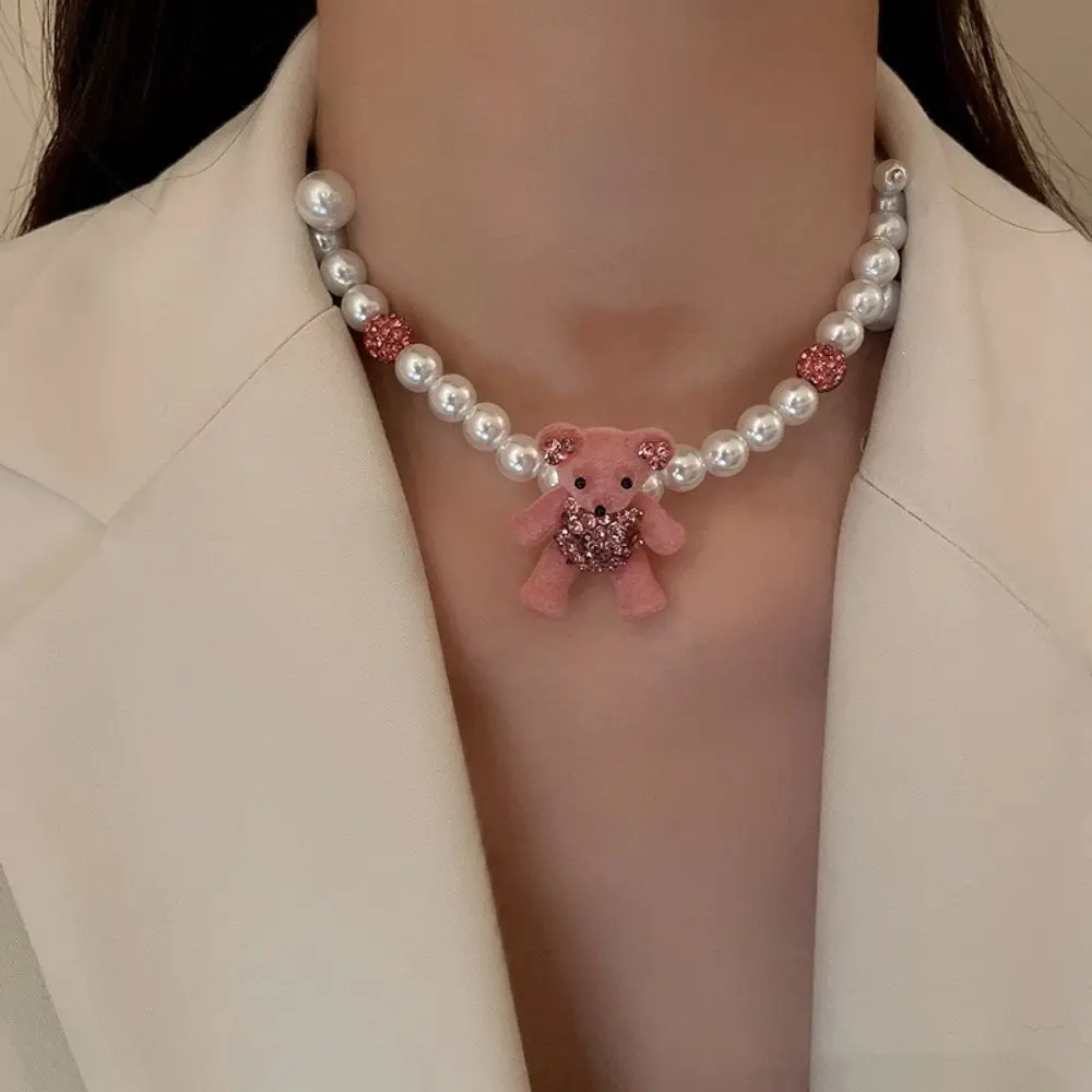

Chain Anniversary Gift Fashion Jewelry Flocking Bear Earrings Necklace Women Jewelry Pink Heart Earrings Korean Style Necklace