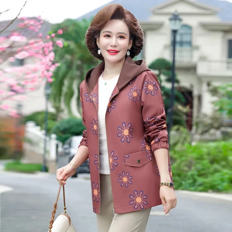 Long Trench Coat in Spring And Autumn 2023 New Printed Middle-Aged Women's Fashion Hooded Coat Casual Coat In Spring And Autumn
