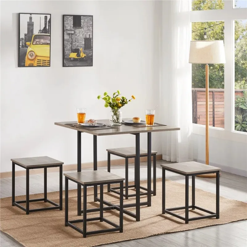 

Easyfashion 5Pcs Dining Set with Industrial Square Table and 4 Backless Chairs, Gray
