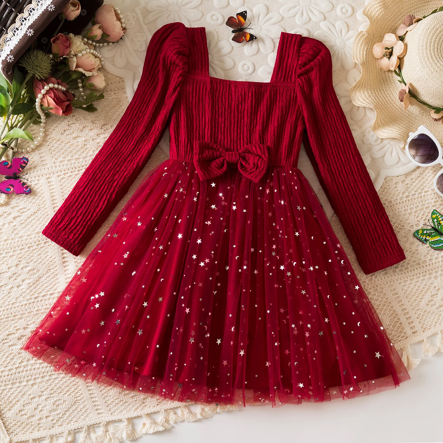 Sequin Girls Princess Party Dresses For 3-8 Yrs Kids Birthday Wedding Evening Prom Gown Spring Fall Long Sleeve Children's Dress