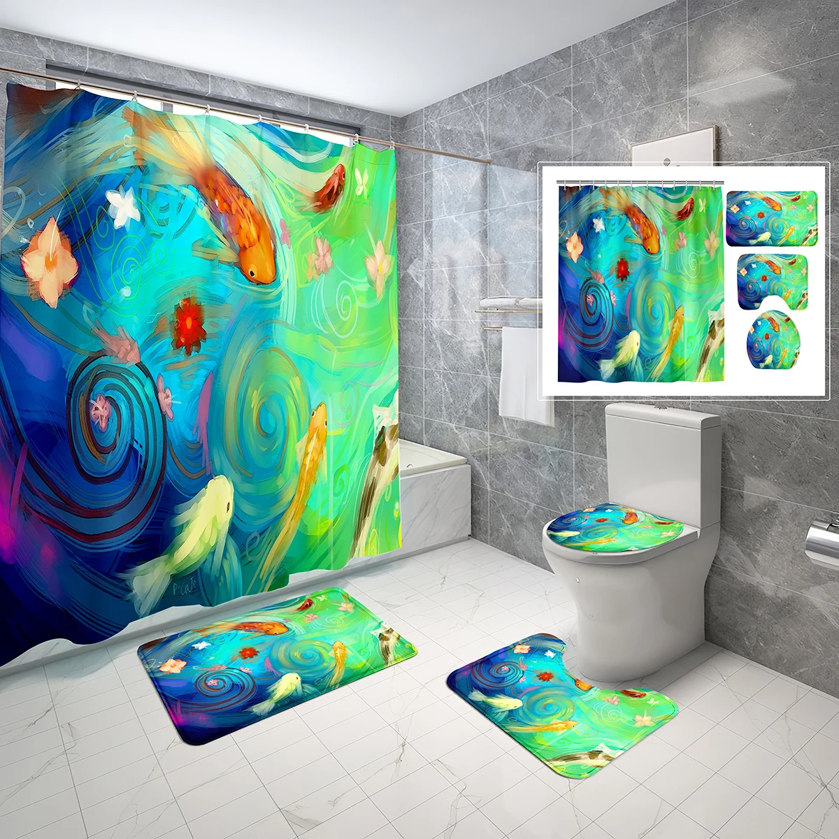 

4 Pcs Ink Painting Shower Curtain Sets with Toilet Lid Cover and Bath Mat Fantasy Artistic Colors Bath Curtain Bathroom Sets