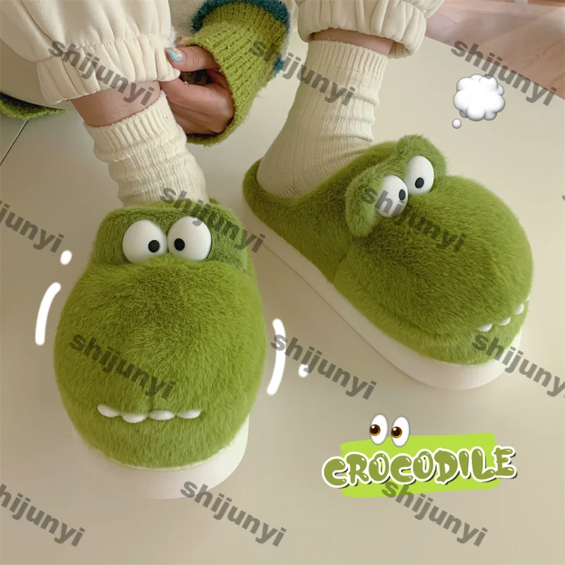 Women Winter Home Fur Slippers New Cartoon Cute Crocodile Non-Slip Soft Slides House Indoor Bedroom Plush Warm Cotton Slippers