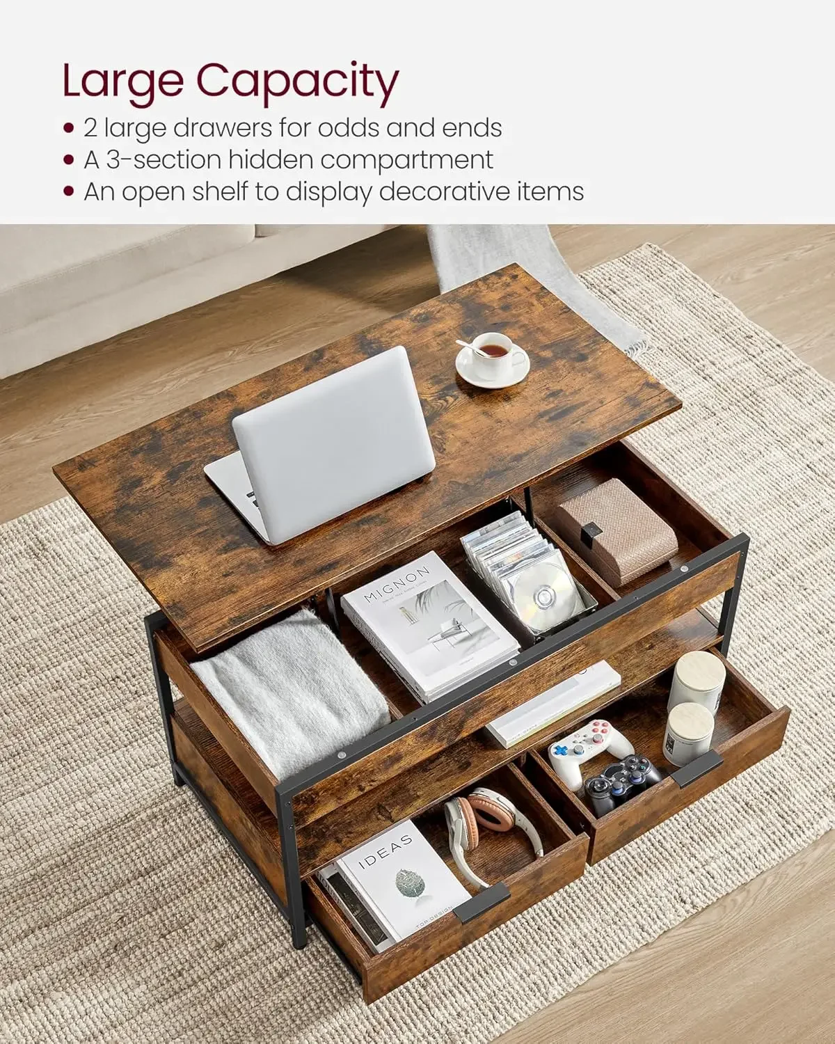 Lift Top Coffee Table with Storage Drawers, Coffee Table for Living Room with Lifting Top, Hidden Compartments and Open Shelf 5
