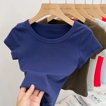 2025 المرأة قصيرة الأكمام تي شيرت عادية س الرقبة الصلبة سليم المحملة الصيف مثير الأساسية المحاصيل الأعلى بسيط تي شيرت الإناث Y2K بلايز الملابس 4