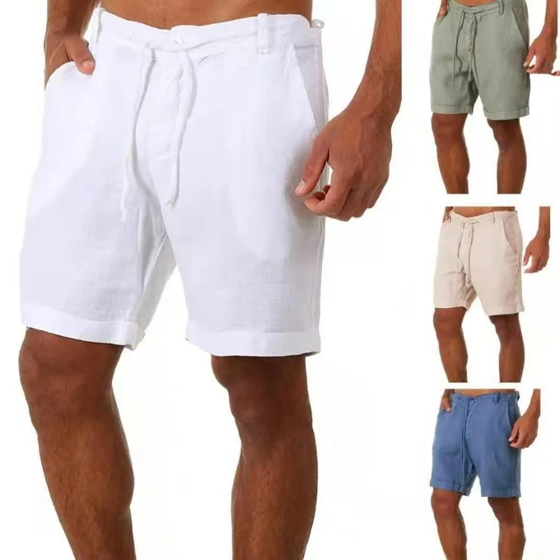 

Summer New Beach Pants Linen Solid Colour Lace-up Sweatpants Men Shorts Breathable Casual Pants Relaxed Fit Straight Shorts