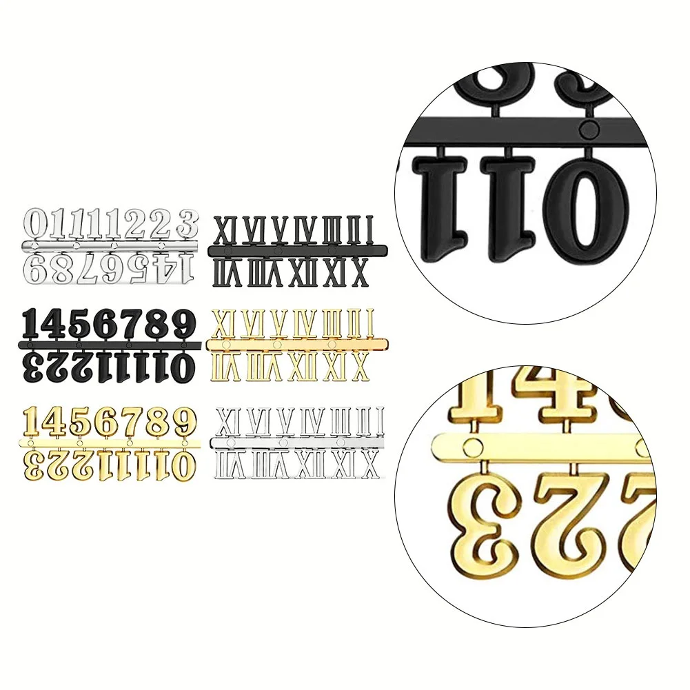 Description Picture 3 of item1 Set Clock Number Plate Roman Arabic Tricolor Clock Part DIY Clock Numbers Quartz Needle Wall Clock Replace Needle