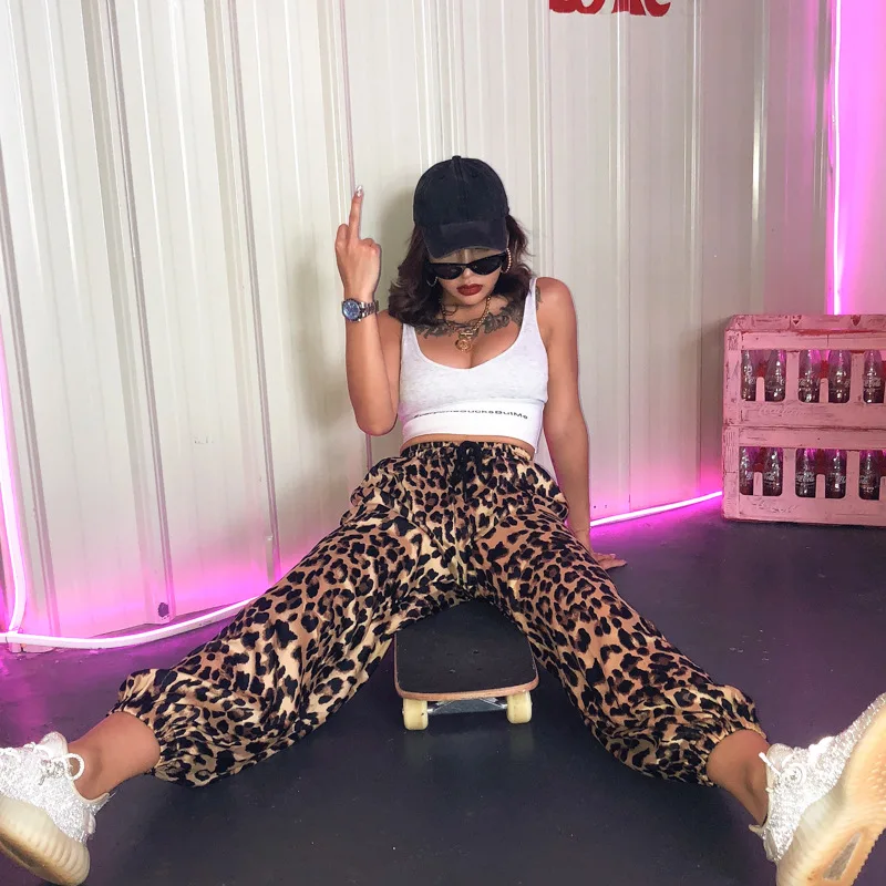 2021 Autumn and Winter Women's Fashion Trendy Street Style Leopard Print Lace-up Mid-waist Straight-leg Pants Casual Trousers