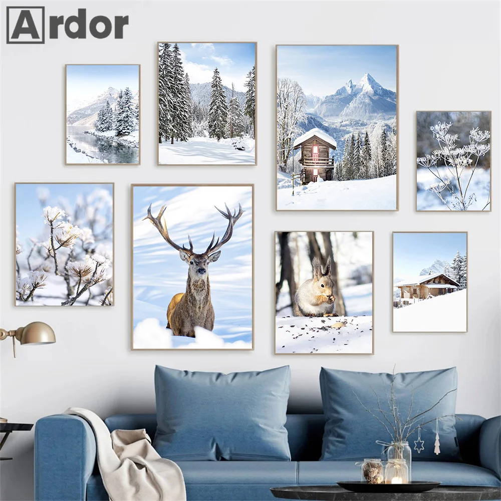 Winter Snow Forest Reindeer Squirrel Cabin Plant Wall Art Canvas Painting Nordic Posters And Prints Pictures Living Room Decor
