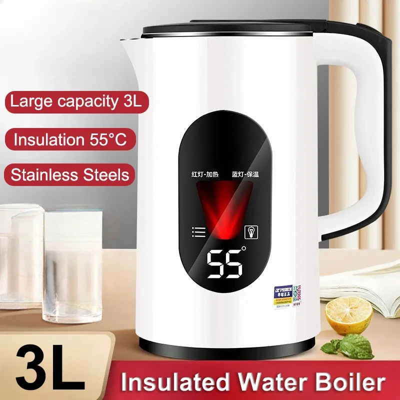 Insulated 55℃ Boil Water Electric Kettle LED Smart Teapot 3L 220V Anti-scald Thermos Bottle for Cafeteria Home appliance electric kettle