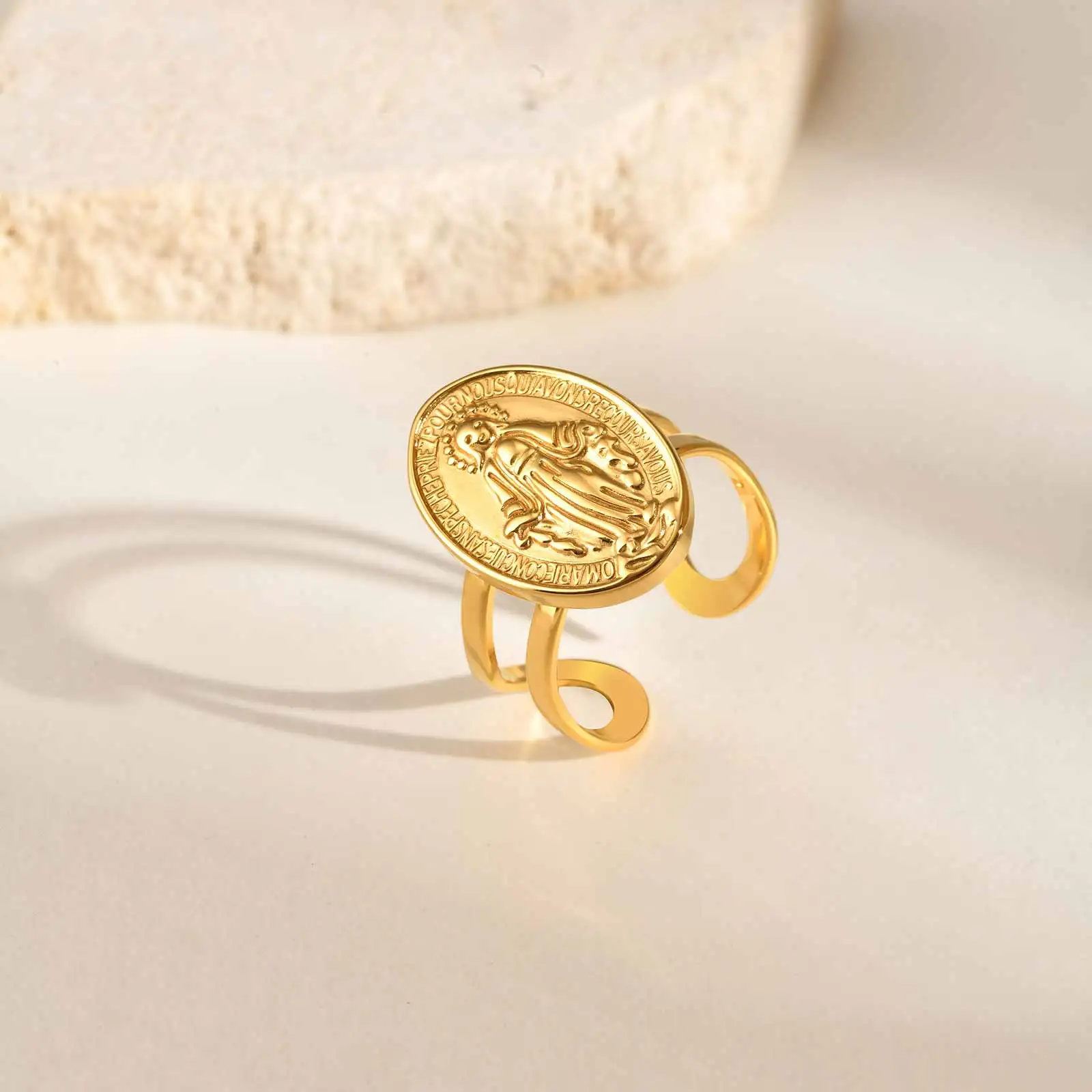 Vintage Jungfrau Maria Edelstahl vergoldet weit offene Ringe für Frauen Luxus Persönlichkeit Fingerring Metallschmuck – Detail 6