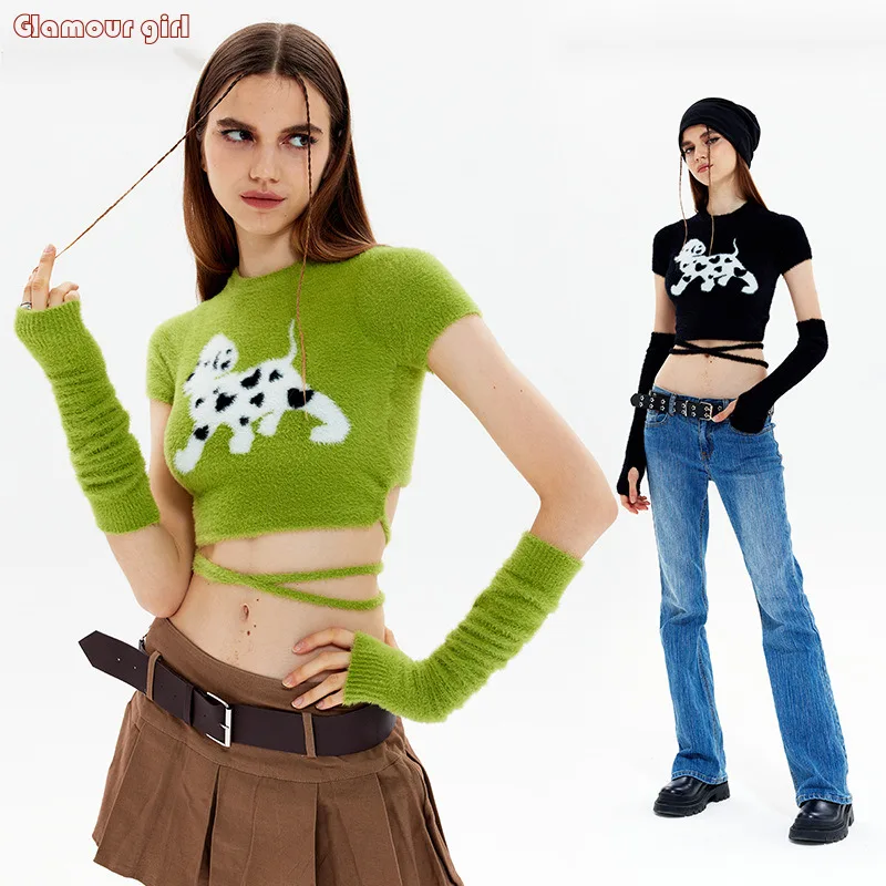 

Pure desire to imitate mink fur dog pattern short sleeved knitted top for girls with sleeves, spicy girl outfit for autumn 2024