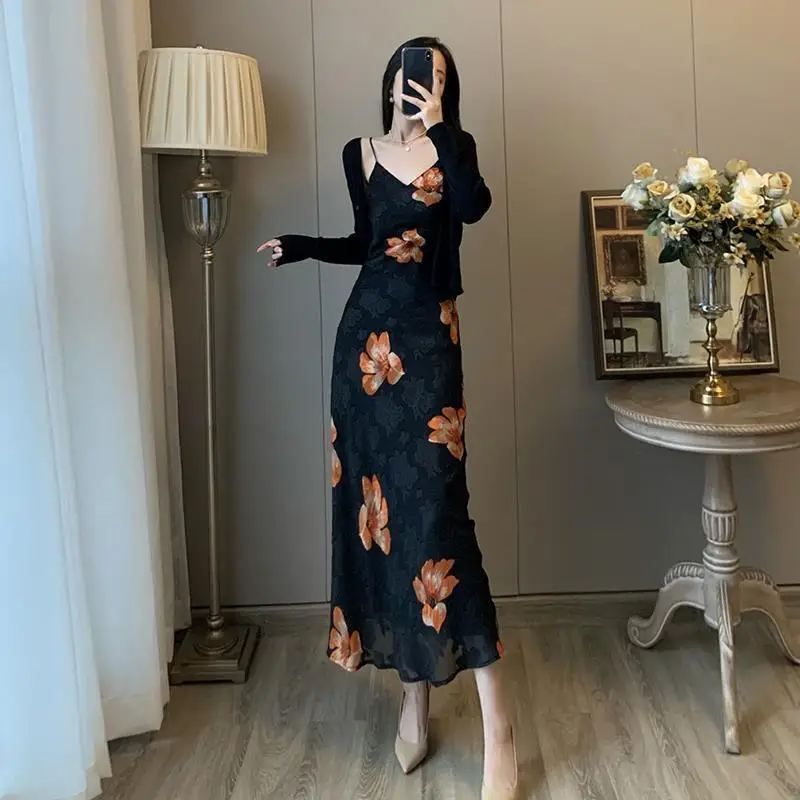 

2022 Summer New Fashion Retro Floral Dress All-match Slim Waist Slim Temperament Long Skirt Women Clothing Simple Style Boutique