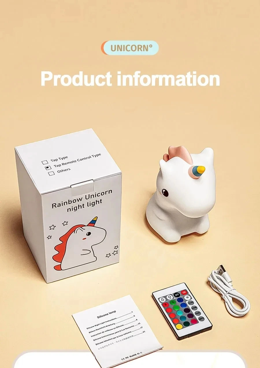 Unicorn Cute Silicone Led Night Light For Kids Children Usb Rechargeable Lamp