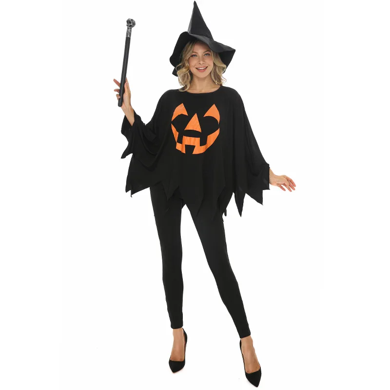 

Adult Women Magic Witch Wizard Pumpkin Blouse Top Pants Hat Set Halloween Role Play Dress Up Cosplay Costume