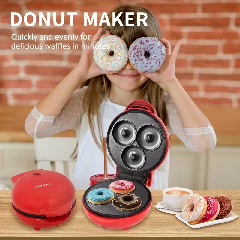 Mini Donut Maker Machine for Home, 550W Heating Makes 3 Doughnuts with Non-Stick Surface for Kid Breakfast, Snacks, Desserts