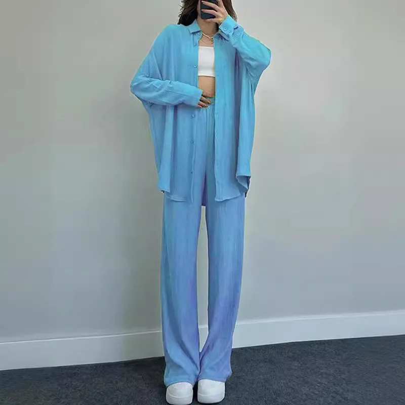 Women Elastic Waist Pant Sets Casual Blouse Suits