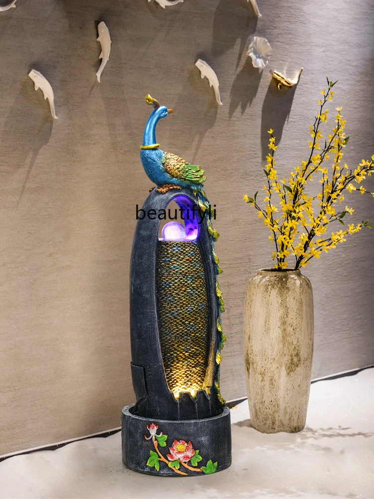 

Chinese-Style Double-Sided Peacock Water Fountain Lucky Decoration Living Room Waterscape Humidifier Fengshui Wheel Hallway