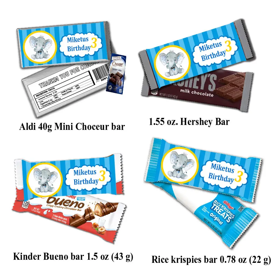 Custom Elephant Birthday Kinder Bueno Hershey Chocolate Bar Riso Krispies Etichette Candy Wrapper Stickers Baby Shower Decoration