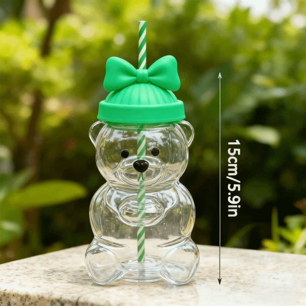 Cute 2025 Bear Glass Cup Transparent Large Capacity Teddy Bear Glass Cup with Lid Bear Straw Cup Parties