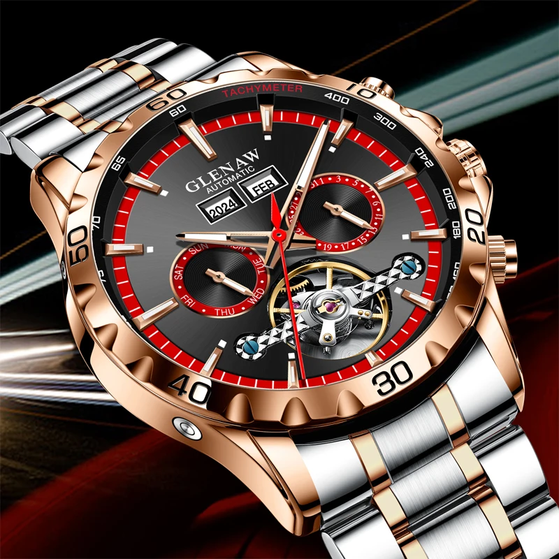 GLENAW High-end Hollow Flywheel Fully Automatic Mechanical Men's Dual Calendar Watch Waterproof Luminous Stainless Steel Watch 3