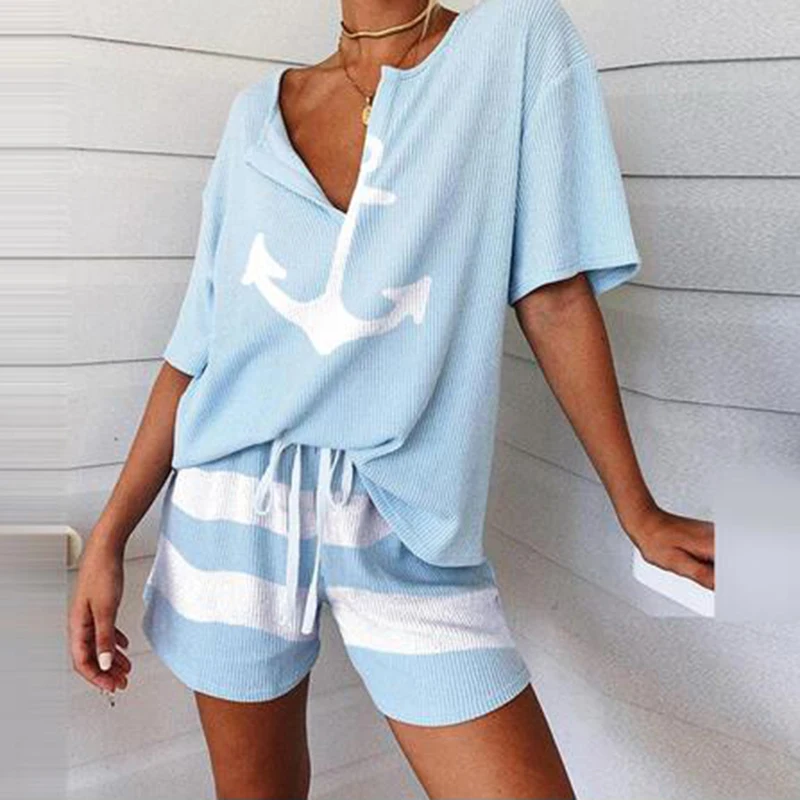 2Pcs Women Tracksuit Boat Anchor Print Shirt Shorts Set Spring Elegant V Neck Pullover Ladies Sportswear Suits Pocket hot style shorts hope is an anchor to the soul pocket shorts in multicolor size l m
