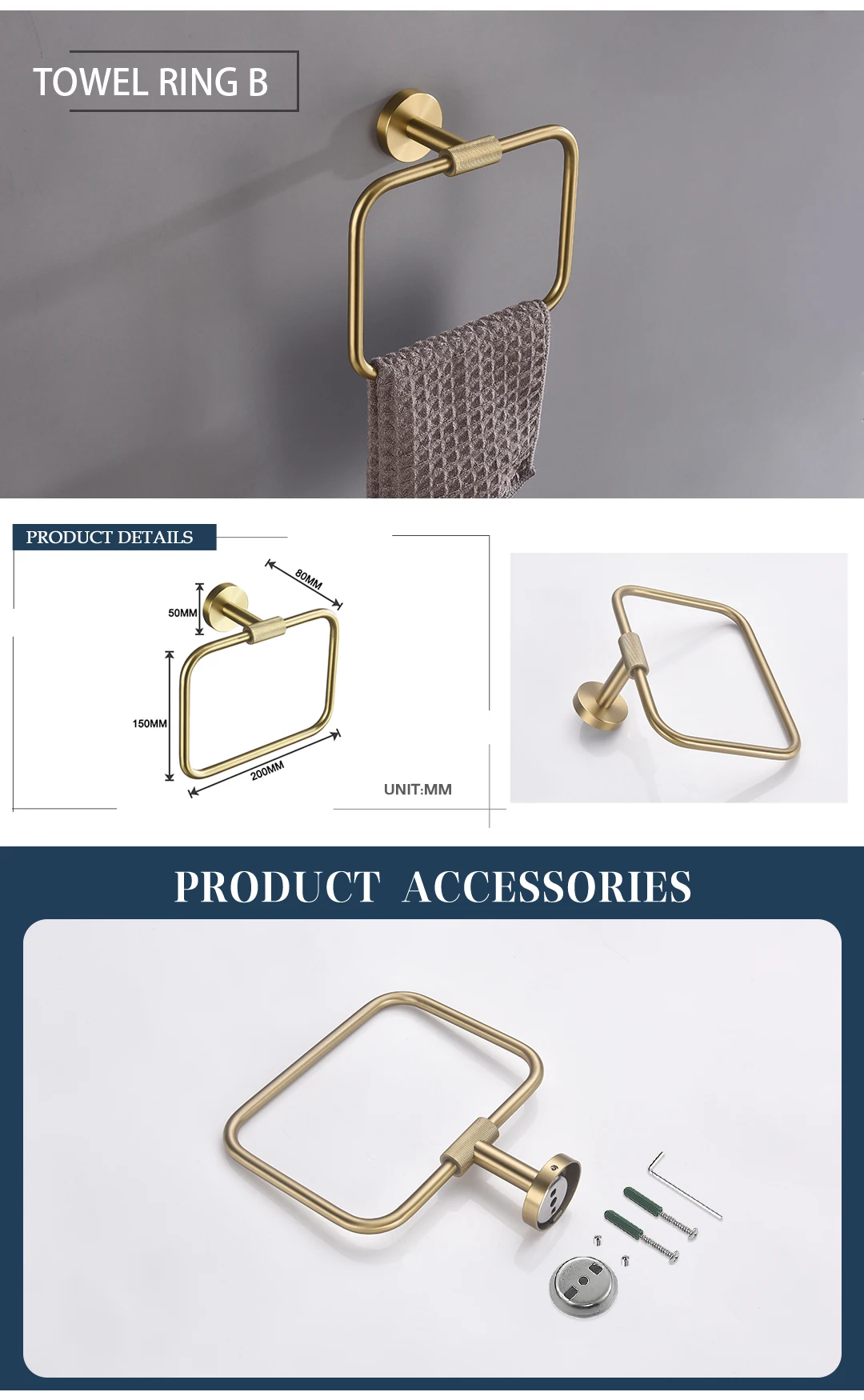 Description Picture 5 of itemBrushed Gold 45CM Brass knurling Towel Bar Robe Coat Hook Toilet Tissue Paper Holder Bathroom Accessories Kit Kitchen Towel Hook