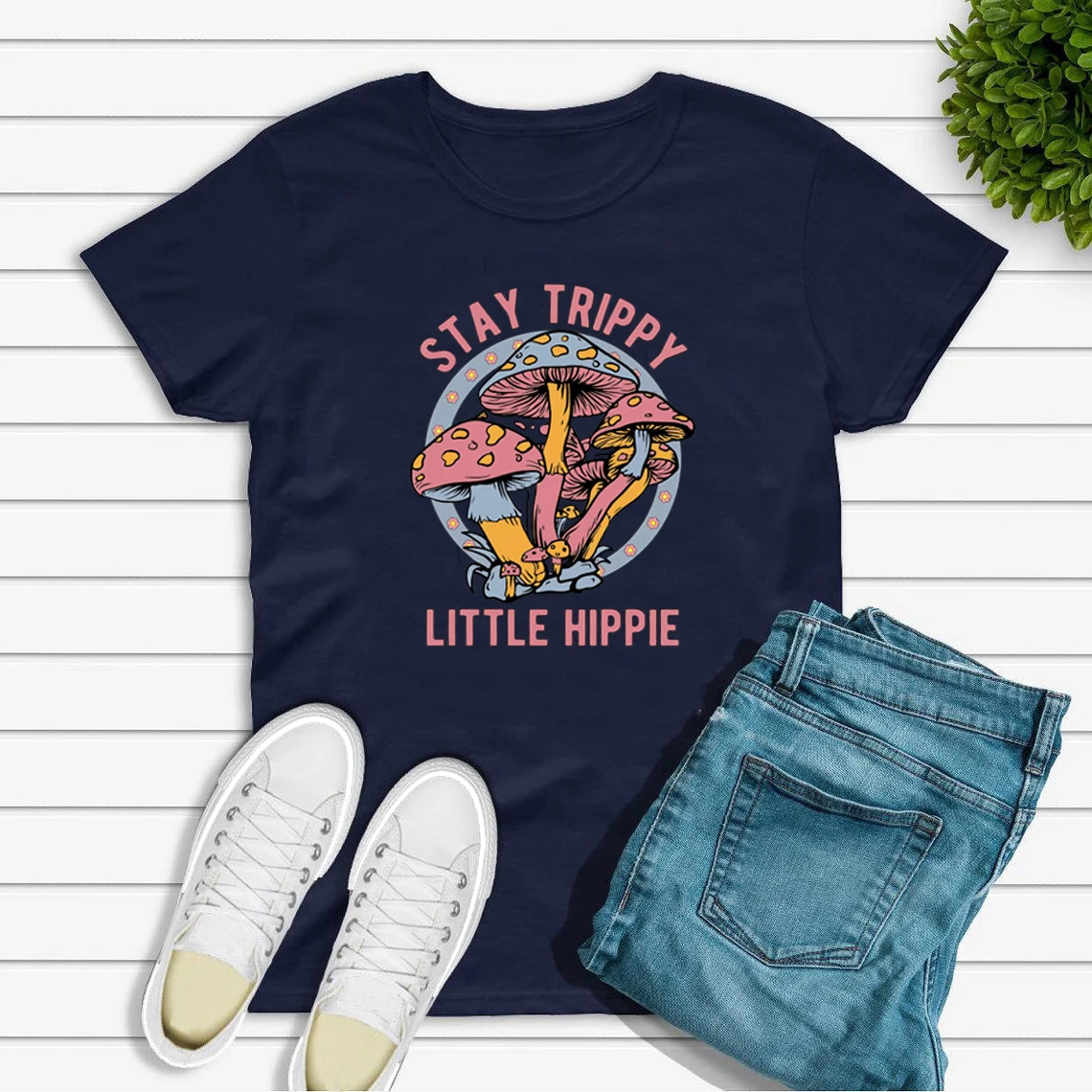 

Stay Trippy Little Hippie T-shirt Mushroom Tshirts Retro Hippie T Shirt Nature Lover Tee Short Sleeve Graphic T Shirts Plant Top