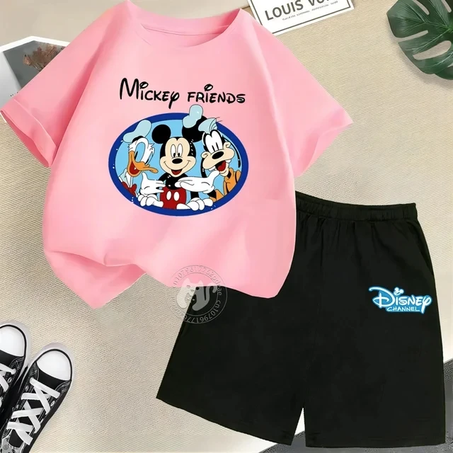 Camiseta y pantalones cortos con estampado de Mickey Mouse de verano para niños y adolescentes, traje de 2 piezas, ropa deportiva informal para niños y niñas, conjunto de moda Sunshine