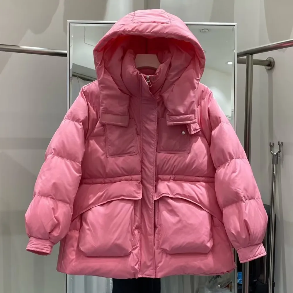 2023 New Winter Women Hooded Bread Puffer Jacket Donna Long 90% White Duck Down Coat Streetwear Thick Warm Snow Parka